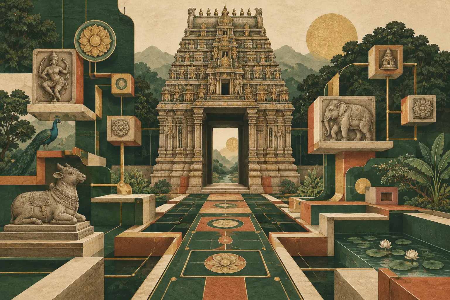 Temple gateway framed by floating storefront panels and carved elephants.
