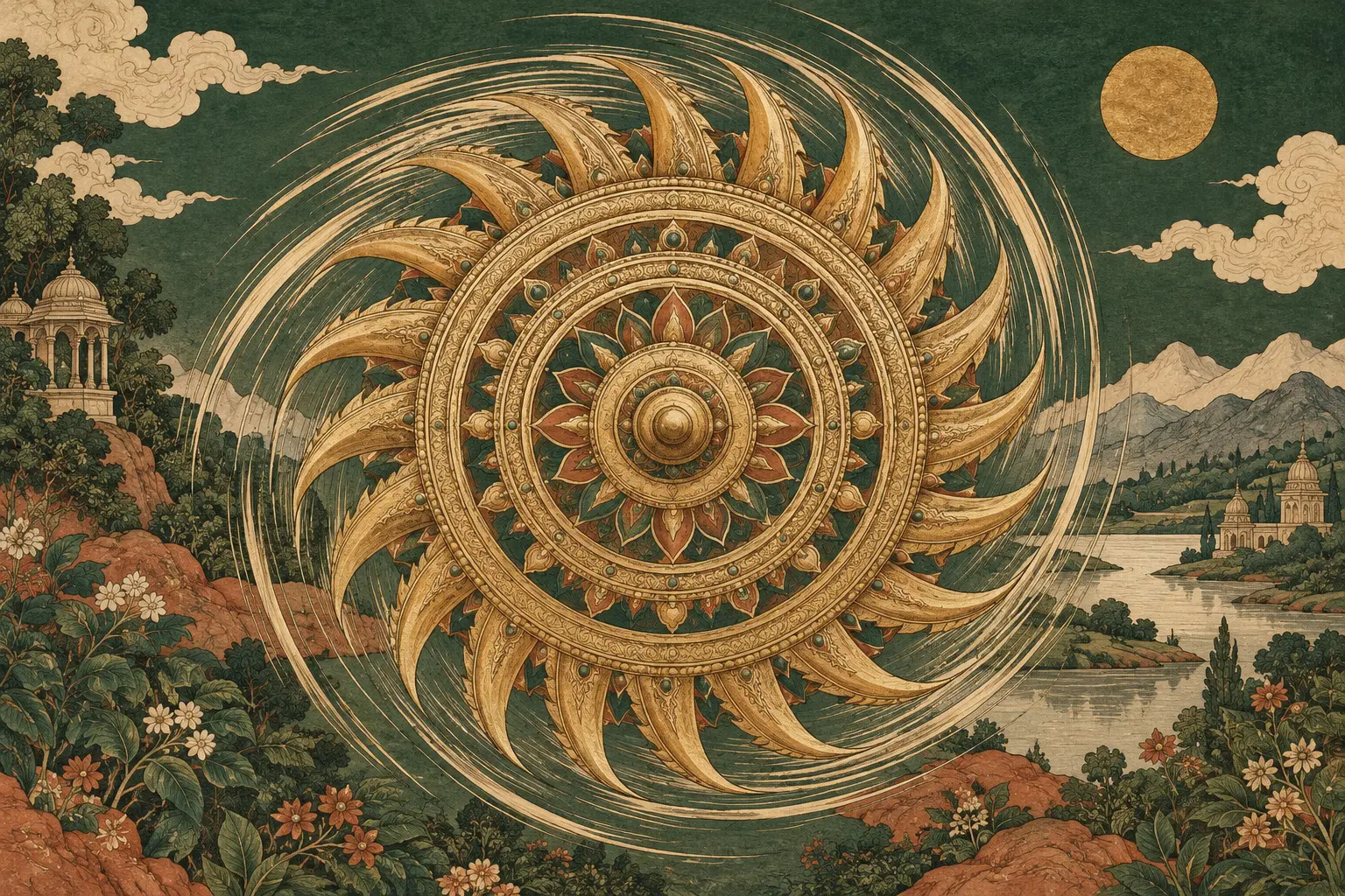 A golden sun-wheel spinning above a river valley.