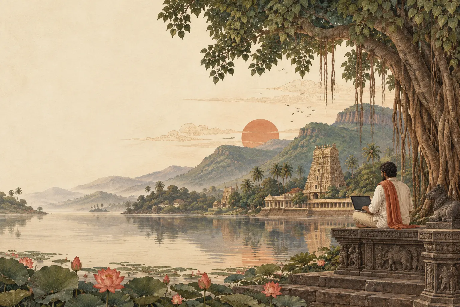 Illustration of a developer working on a laptop beneath a banyan tree, beside a lotus lake and a South Indian temple at sunset.