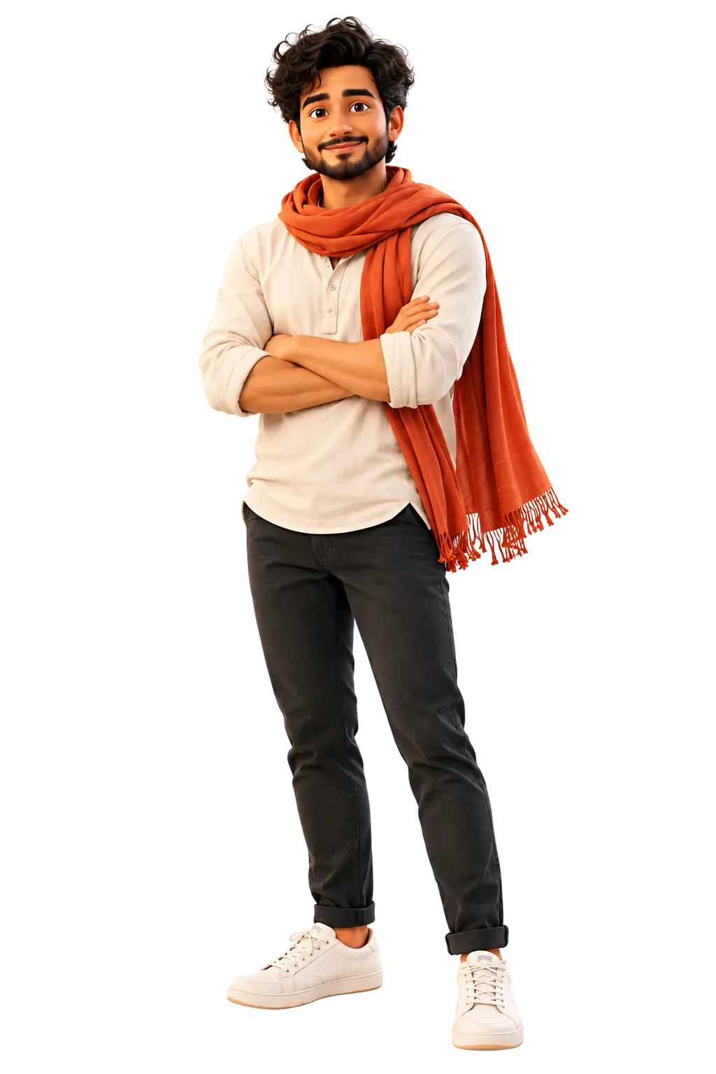 Illustration of Rohit standing with folded arms, wearing a terracotta scarf.