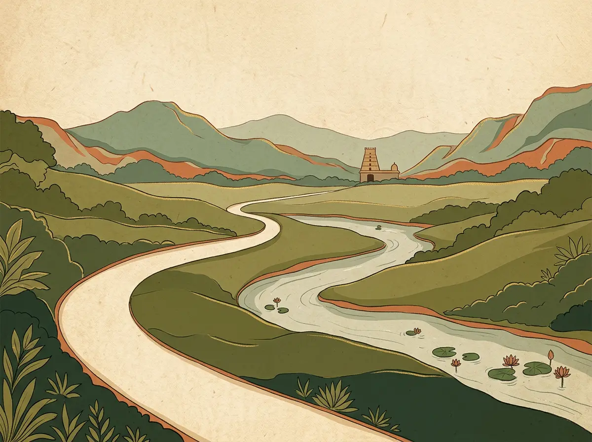 A winding river path through green hills.