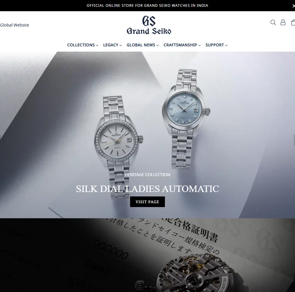 Grand Seiko India online boutique homepage, featuring two silver Heritage Collection watches.