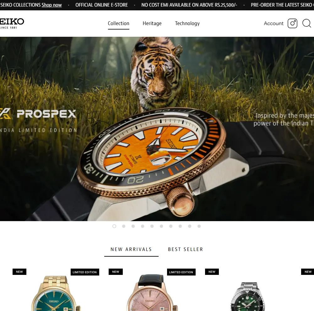 Seiko India online store homepage, featuring a Prospex India Limited Edition dive watch with a tiger.